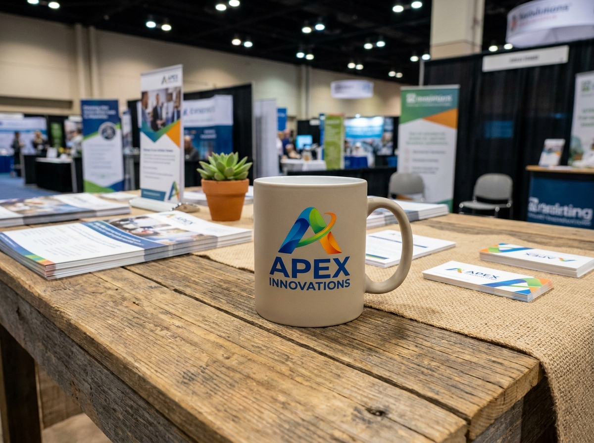 Mug personnalisé avec logo coloré exposé sur un stand de salon professionnel