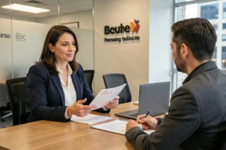 Femme cadre négociant son salaire lors d'une promotion interne dans un bureau McDonald's corporate