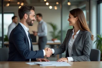 Deux professionnels B2B se serrent la main lors d'une réunion de networking en entreprise