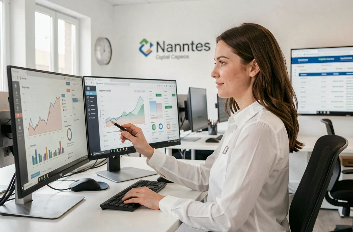 Stratégiste SEO et webmarketing de l'agence NOIISE analysant des données de référencement sur plusieurs écrans dans leurs bureaux de Nantes