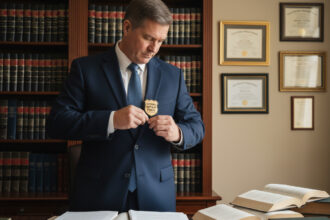 Notaire sérieux apposant son badge officiel dans son bureau