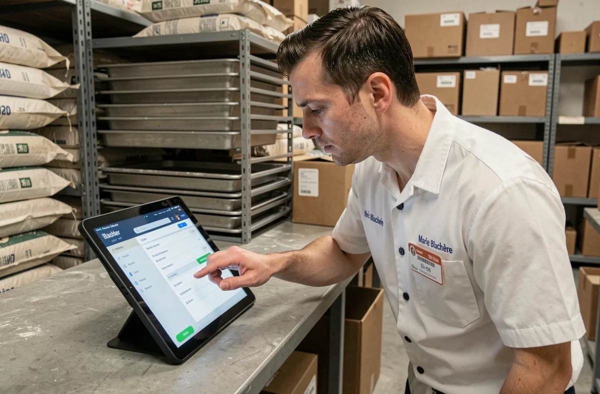 Nouvel employé Marie Blachère consultant le portail intranet sur une tablette dans la réserve de la boulangerie