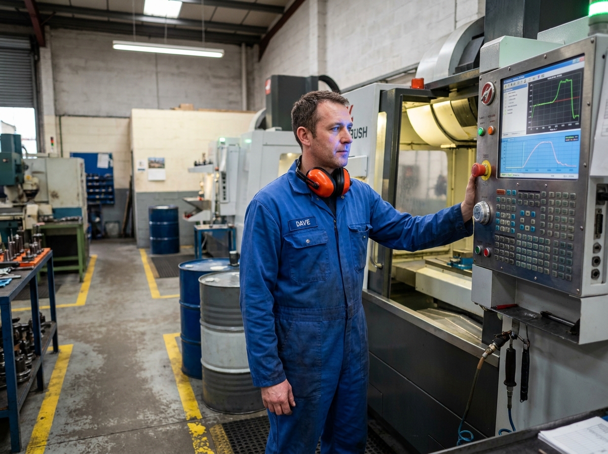 Opérateur CNC surveillant les courbes de mouvement d'axe sur un panneau de contrôle pour identifier des anomalies de stick slip sur une fraiseuse industrielle