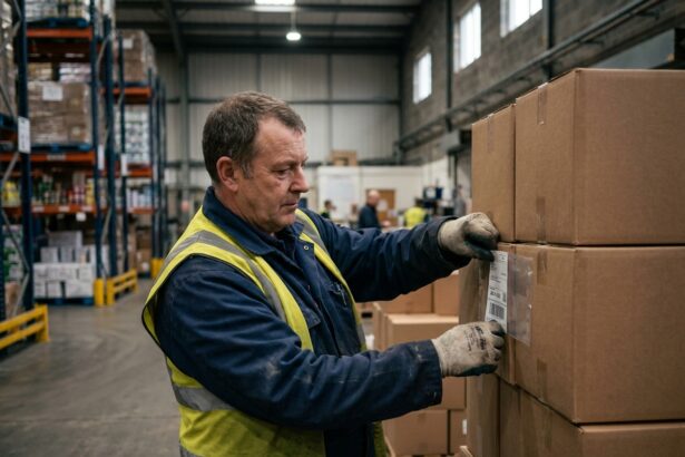 Ouvrier d'entrepot en uniforme posant un label