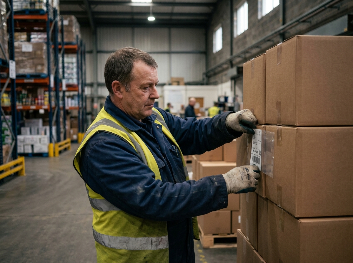 Ouvrier d'entrepot en uniforme posant un label