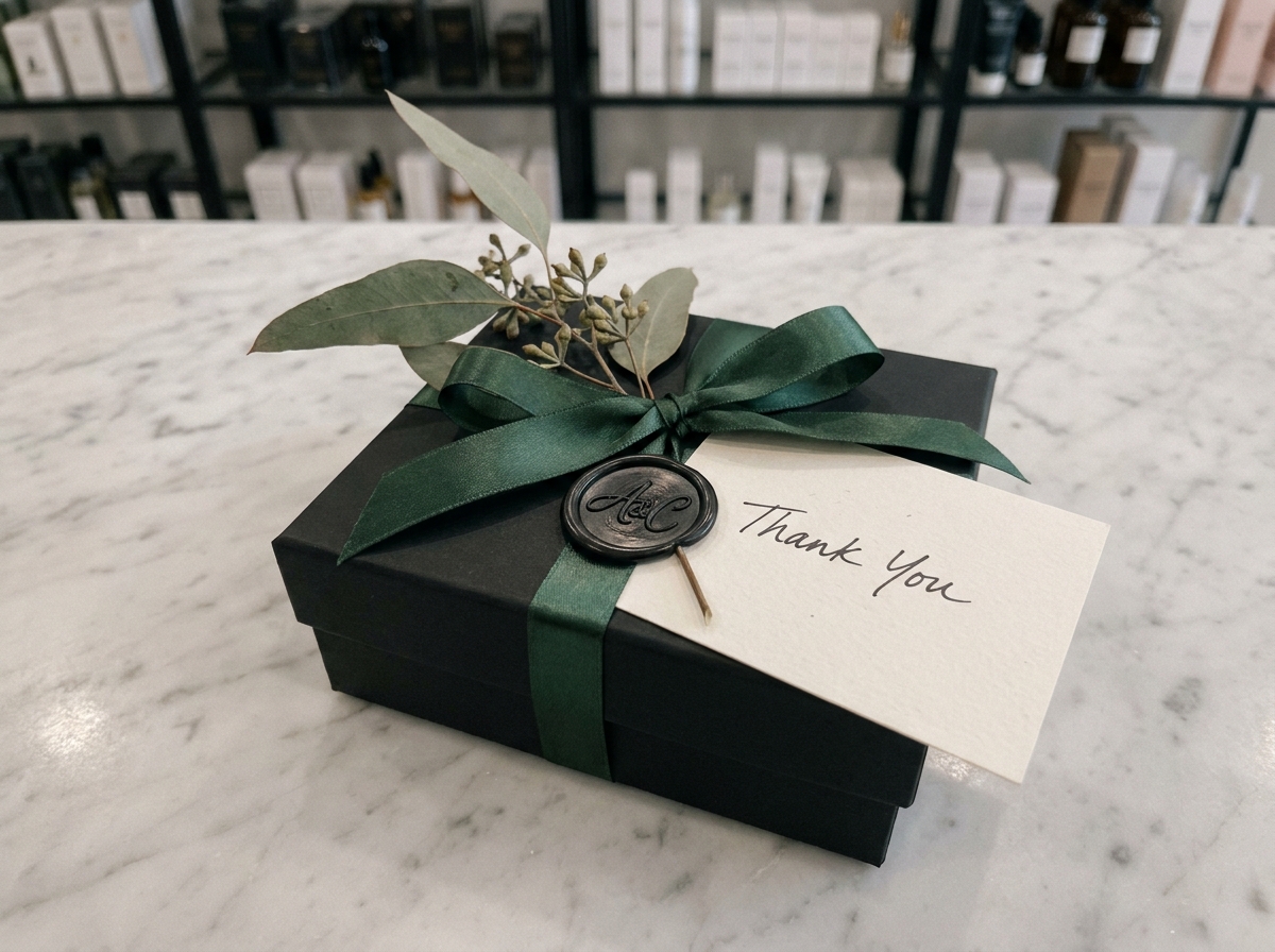 Boîte cadeau haut de gamme avec ruban satiné et cachet de cire sur marbre, illustration de l'emballage luxueux comme vecteur d'image de marque en boutique