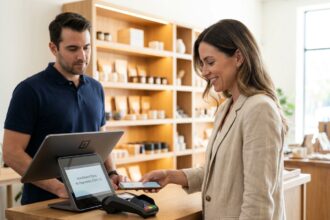 Femme payant en plusieurs fois sur un terminal de paiement en magasin avec l'aide d'un vendeur