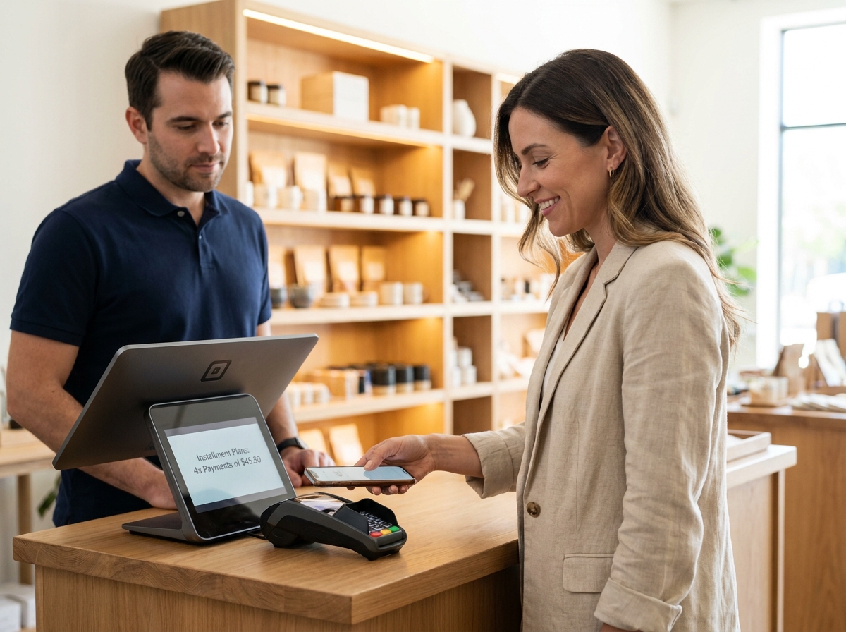 Femme payant en plusieurs fois sur un terminal de paiement en magasin avec l'aide d'un vendeur