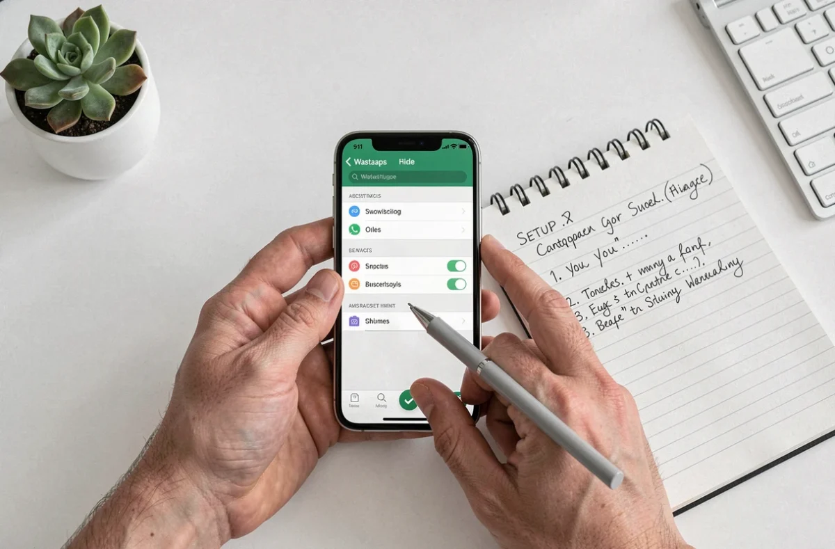 Mains configurant les paramètres de WhatsApp Business sur iPhone avec un bloc-notes sur un bureau minimaliste