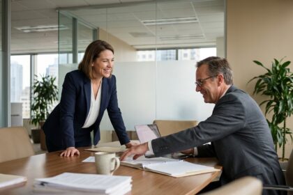 Une cheffe d'entreprise et son comptable en discussion collaborative autour d'une table de réunion moderne, illustrant un partenariat professionnel de confiance