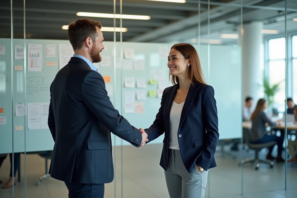 Poignée de main entre deux professionnels devant une salle de réunion vitrée au sein du campus d'innovation Station F à Paris, symbolisant un partenariat d'entreprise