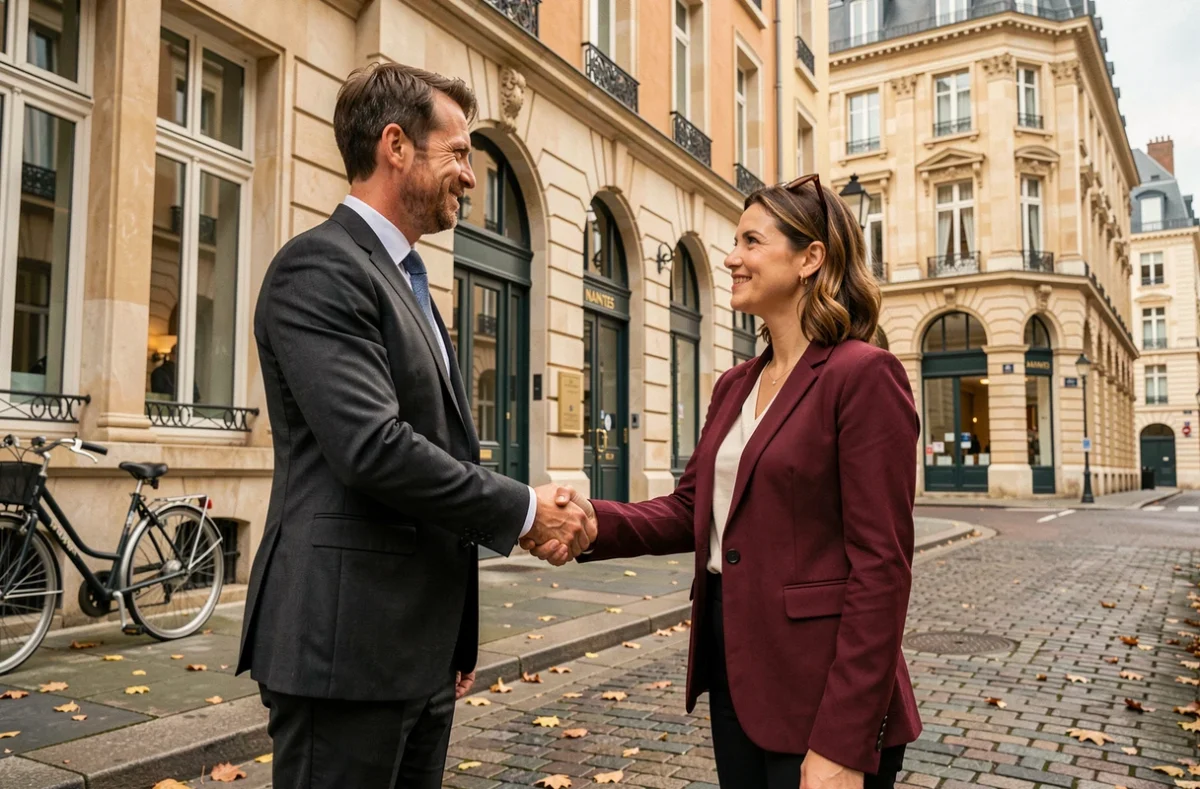Deux professionnels nantais se serrant la main devant un bâtiment emblématique du quartier d'affaires de Nantes