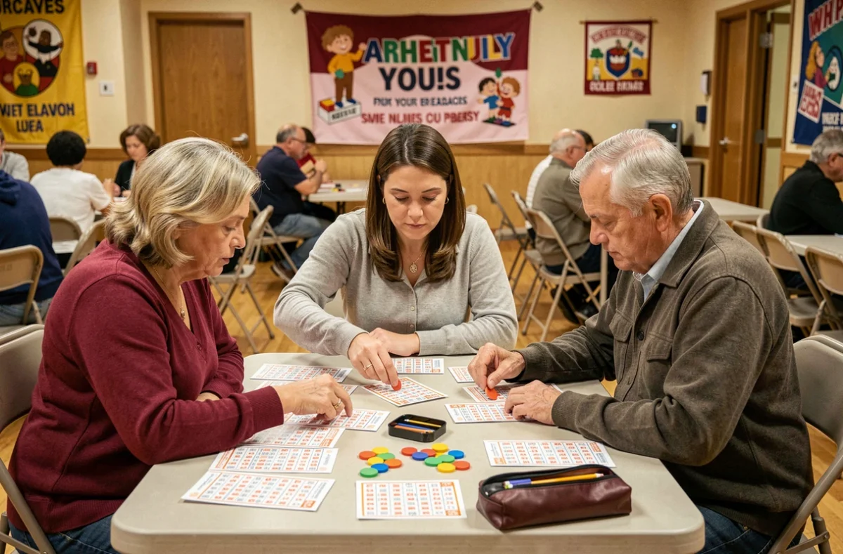Participants concentrés sur leurs cartons de loto lors d'une soirée associative conviviale