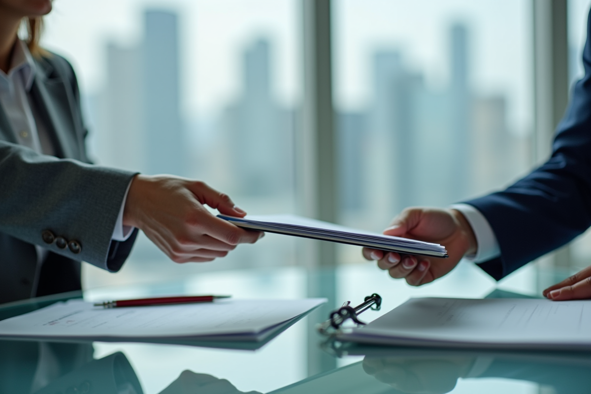 Main passant un dossier avec des papiers entre deux cadres en bureau