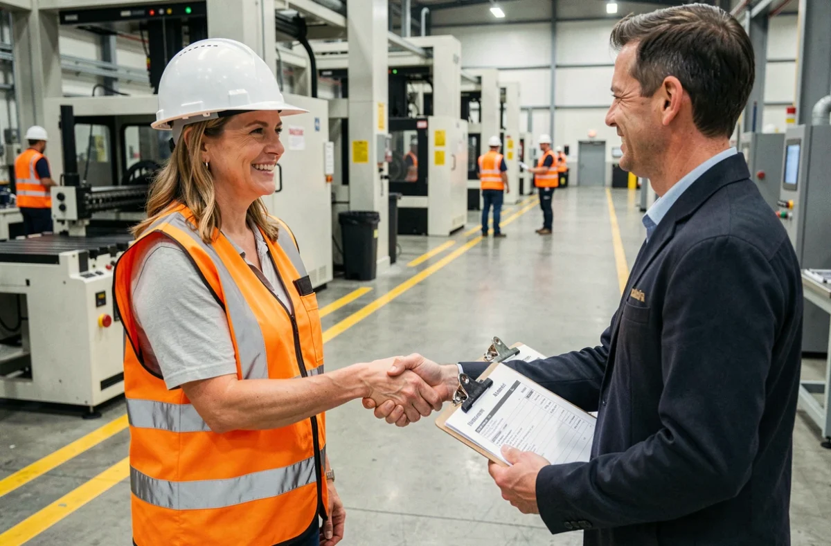 Passation de consignes entre deux équipes lors d'une rotation en poste 5x8 sur le sol d'une usine