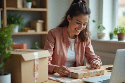 Propriétaire d'une boutique en ligne emballant un produit coloré avec des matériaux écologiques
