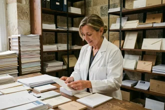 Pharmacienne en blouse blanche examinant des ordonnances imprimées dans une imprimerie artisanale à Paris 17