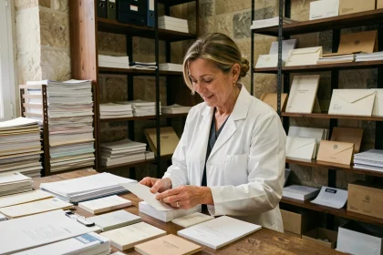 Pharmacienne en blouse blanche examinant des ordonnances imprimées dans une imprimerie artisanale à Paris 17