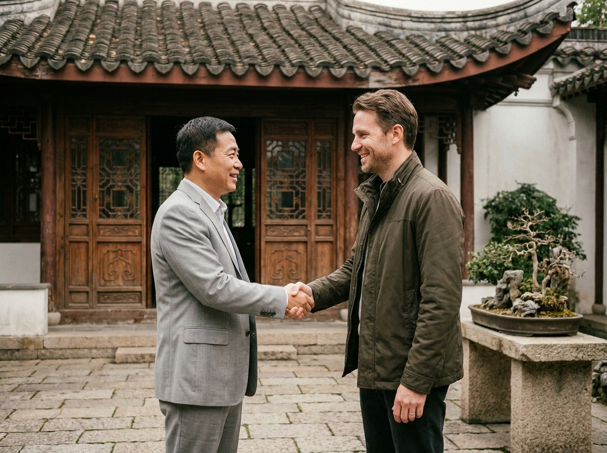 Poignée de main chaleureuse entre un homme d'affaires chinois et un partenaire européen devant une maison de thé traditionnelle, illustrant la confiance commerciale interculturelle