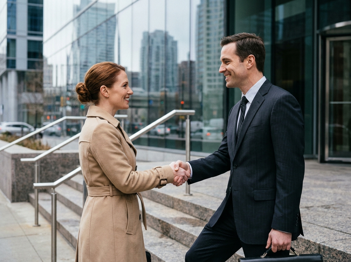 Femme consultant en portage salarial serrant la main d'un client devant un immeuble d'affaires symbolisant une relation client formalisée