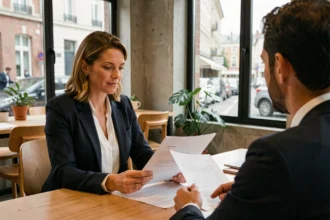 Une professionnelle en portage salarial discutant d'un contrat avec un consultant dans un espace de coworking à Orléans