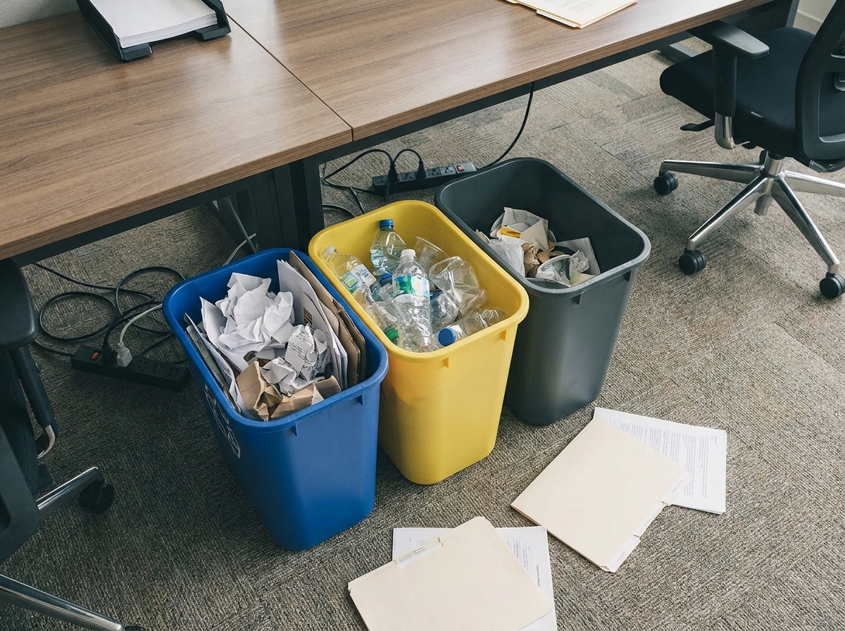 Poubelles de tri sélectif colorées sous un bureau en open space avec déchets triés visibles