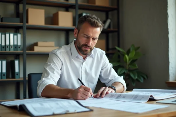 Professionnel du bâtiment préparant un dossier de qualification N4p2 avec des plans et documents techniques sur un bureau