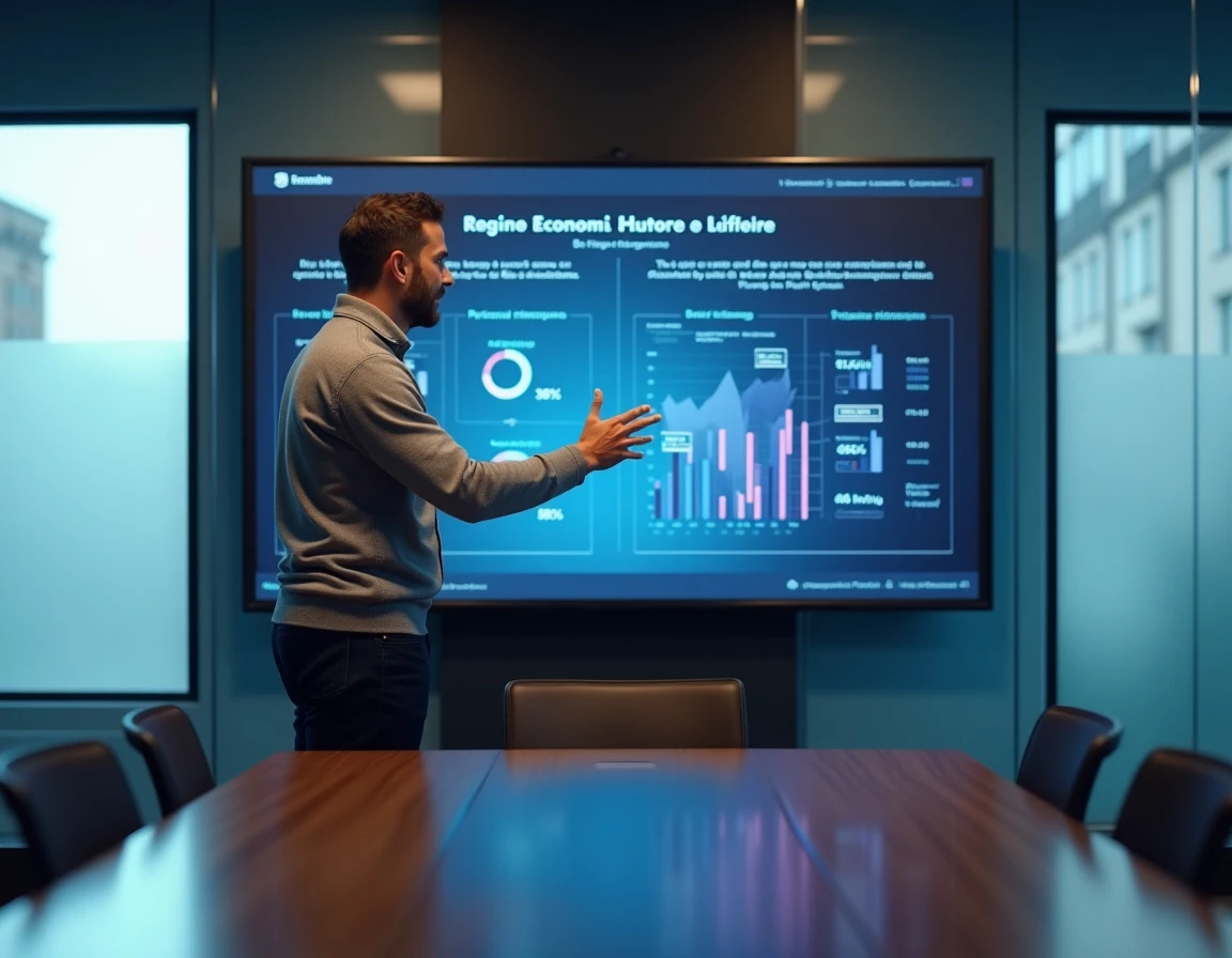 Chef de projet présentant des tableaux de bord d'indicateurs économiques territoriaux sur écran interactif en salle de réunion