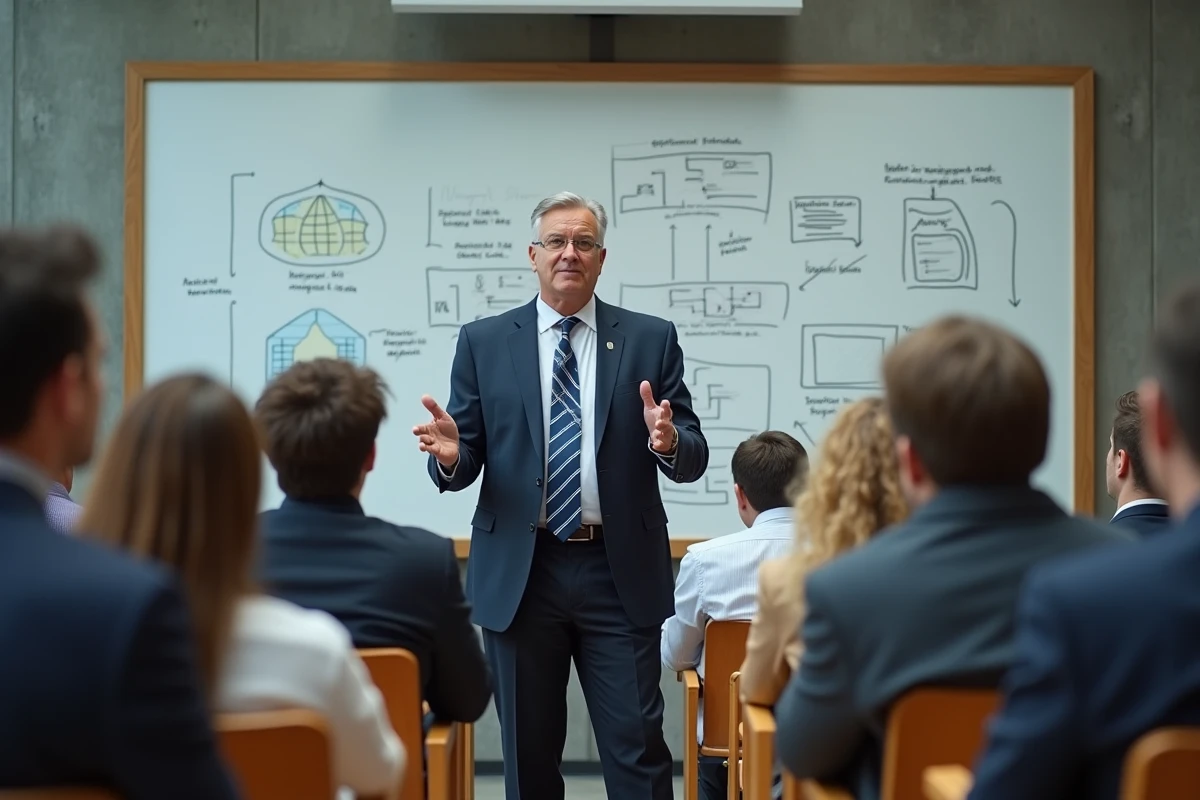 Professeur universitaire expliquant devant un tableau