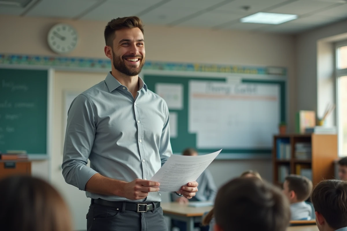 Professeur remplaçant debout devant un tableau blanc tenant un plan de cours dans un lycée