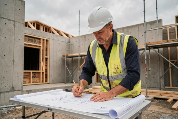 Professionnel du BTP examinant des plans de chantier sur un site de construction pour établir un devis précis