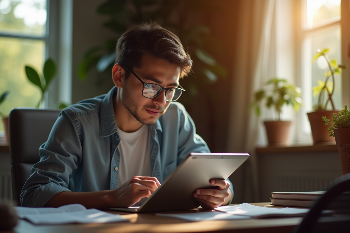 Professionnel étudiant sur tablette dans un espace de travail cosy le matin