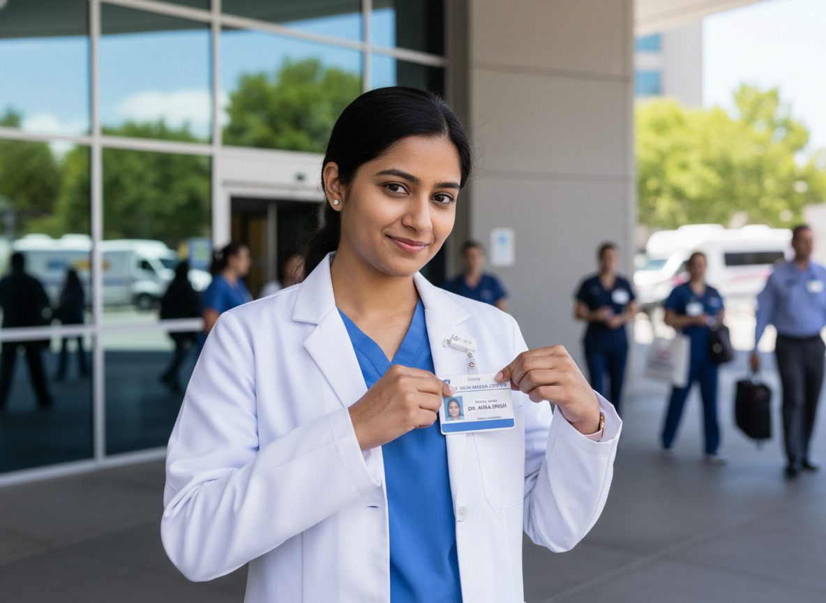 Jeune professionnelle de santé pinçant son badge à l