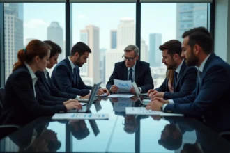 Groupe de professionnels en réunion dans une salle moderne