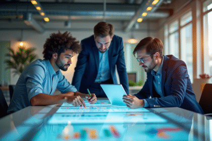 Trois professionnels divers en réunion dans un bureau moderne