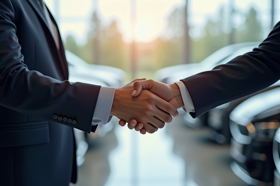 Deux professionnels serrant la main devant des voitures haut de gamme