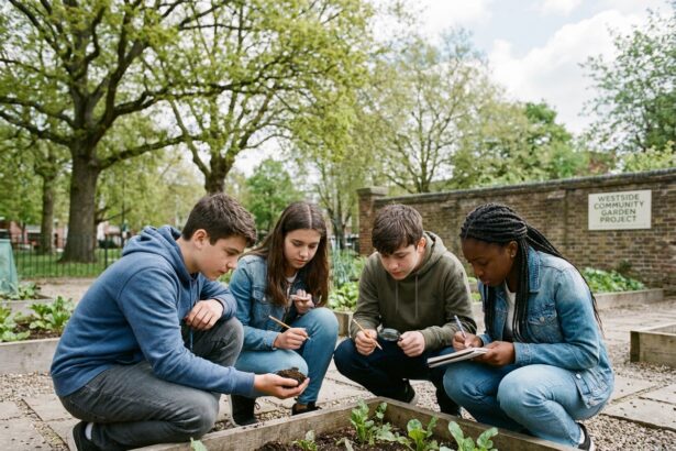 Groupe d'adolescents participant à un projet éducatif dans un jardin communautaire urbain, prenant des notes sur la nature en plein air