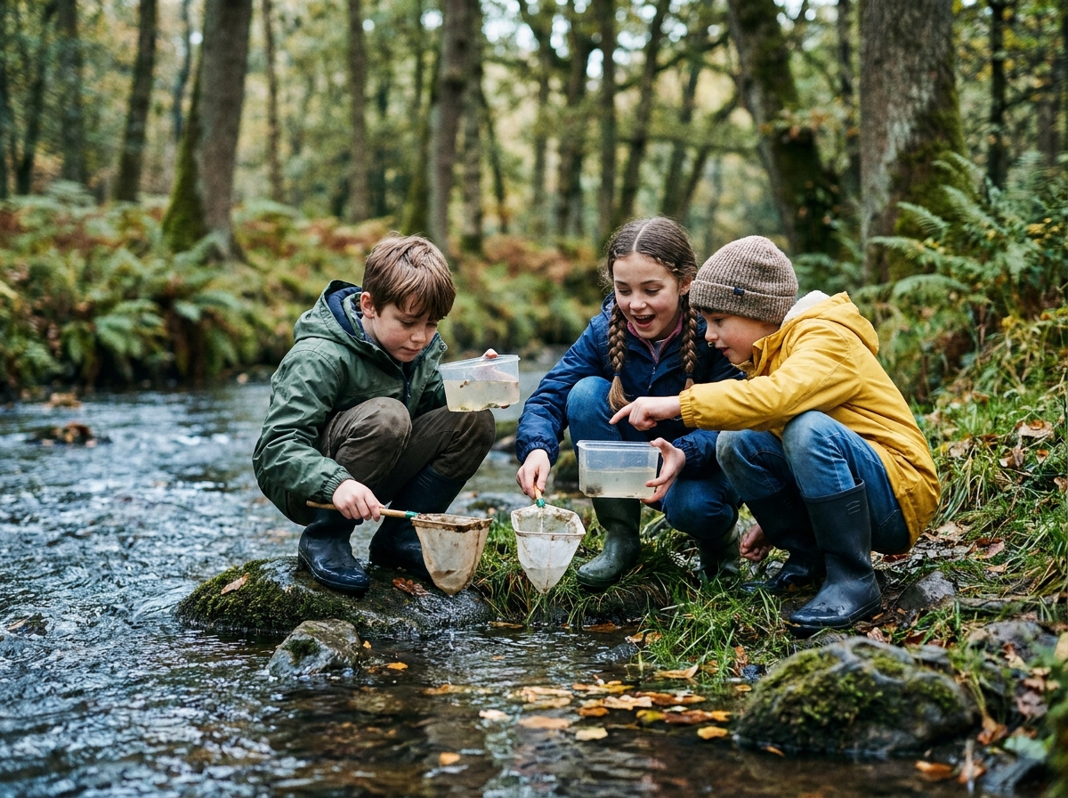 Élèves en sortie nature réalisant des prélèvements d'eau en rivière dans le cadre d'un projet scientifique scolaire en forêt