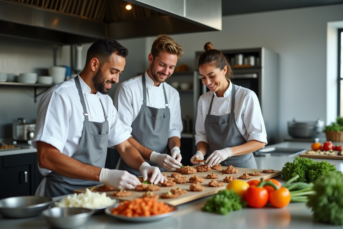 Equipe de cuisine en action autour d une table de préparation