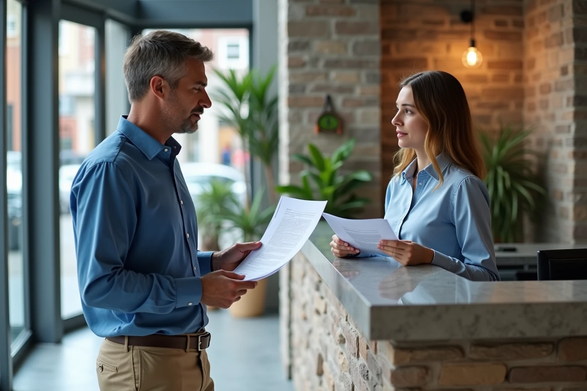 Homme et jeune collègue discutant à la reception