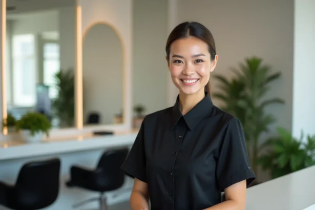 Réceptionniste de salon de coiffure utilisant une tablette pour gérer les réservations en ligne via ClicRDV