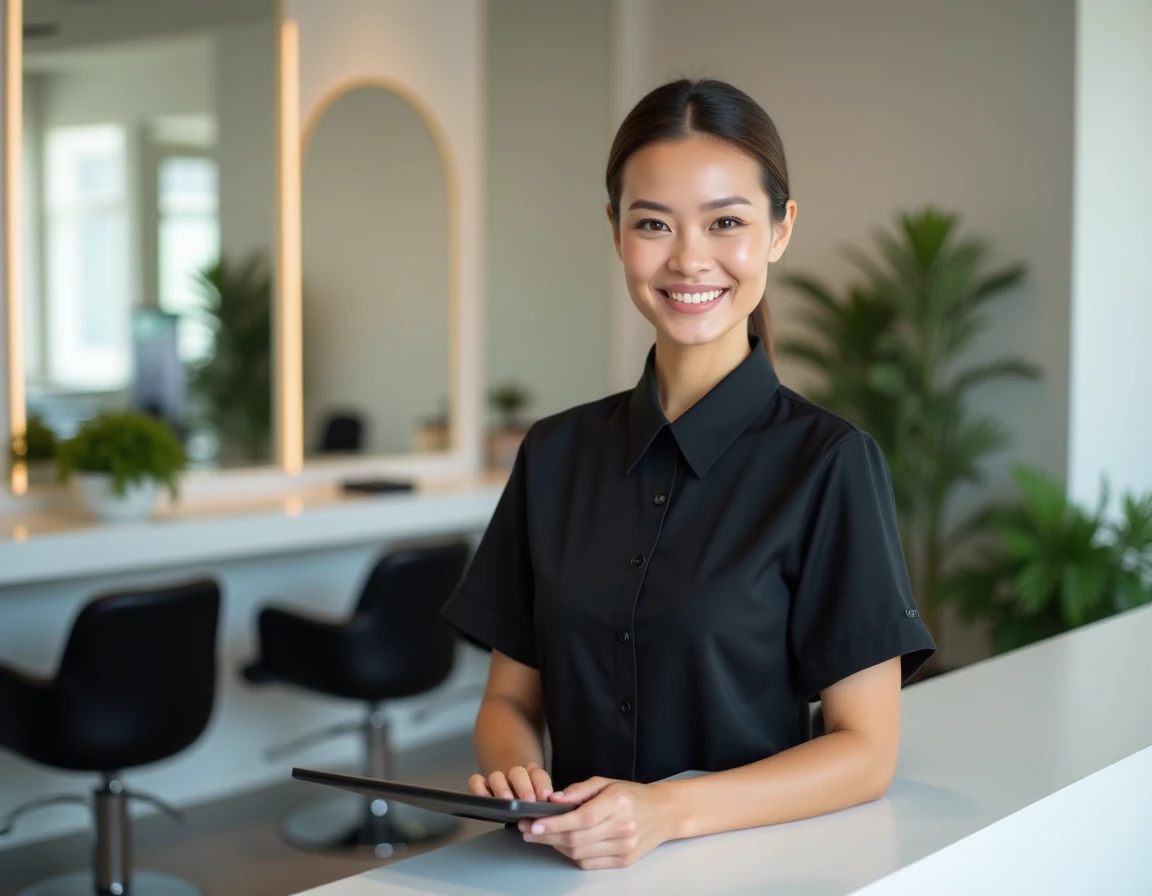 Réceptionniste de salon de coiffure utilisant une tablette pour gérer les réservations en ligne via ClicRDV