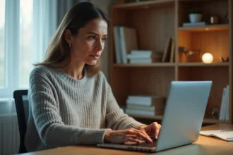 Femme tapant son mot de passe sur un ordinateur portable pour accéder à son extranet professionnel depuis son bureau à domicile