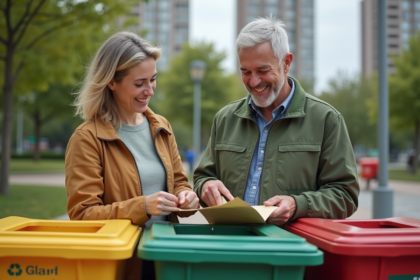 Homme et femme triant du papier dans un centre de recyclage urbain