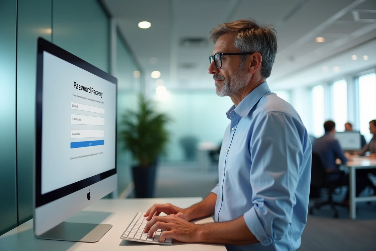 Homme en bureau professionnel réinitialisant son mot de passe oublié sur un ordinateur de bureau via un formulaire de récupération de compte