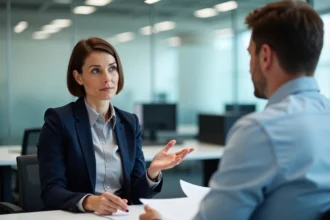 Conseillère France Travail discutant calmement avec un demandeur d'emploi lors d'un rendez-vous conseil dans une agence moderne