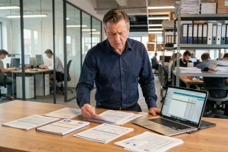 Responsable logistique examinant des documents douaniers et des contrats Incoterm DDP dans un bureau d'import-export moderne