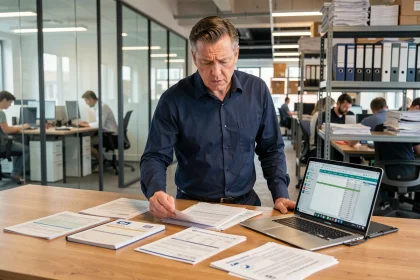 Responsable logistique examinant des documents douaniers et des contrats Incoterm DDP dans un bureau d'import-export moderne