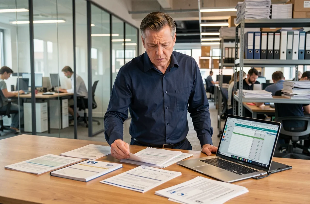 Responsable logistique examinant des documents douaniers et des contrats Incoterm DDP dans un bureau d'import-export moderne