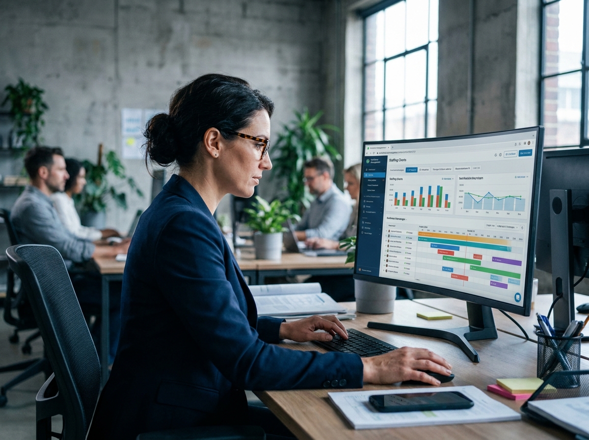 Responsable RH analysant les plannings de collaborateurs intérimaires sur un logiciel tout-en-un de gestion du travail temporaire